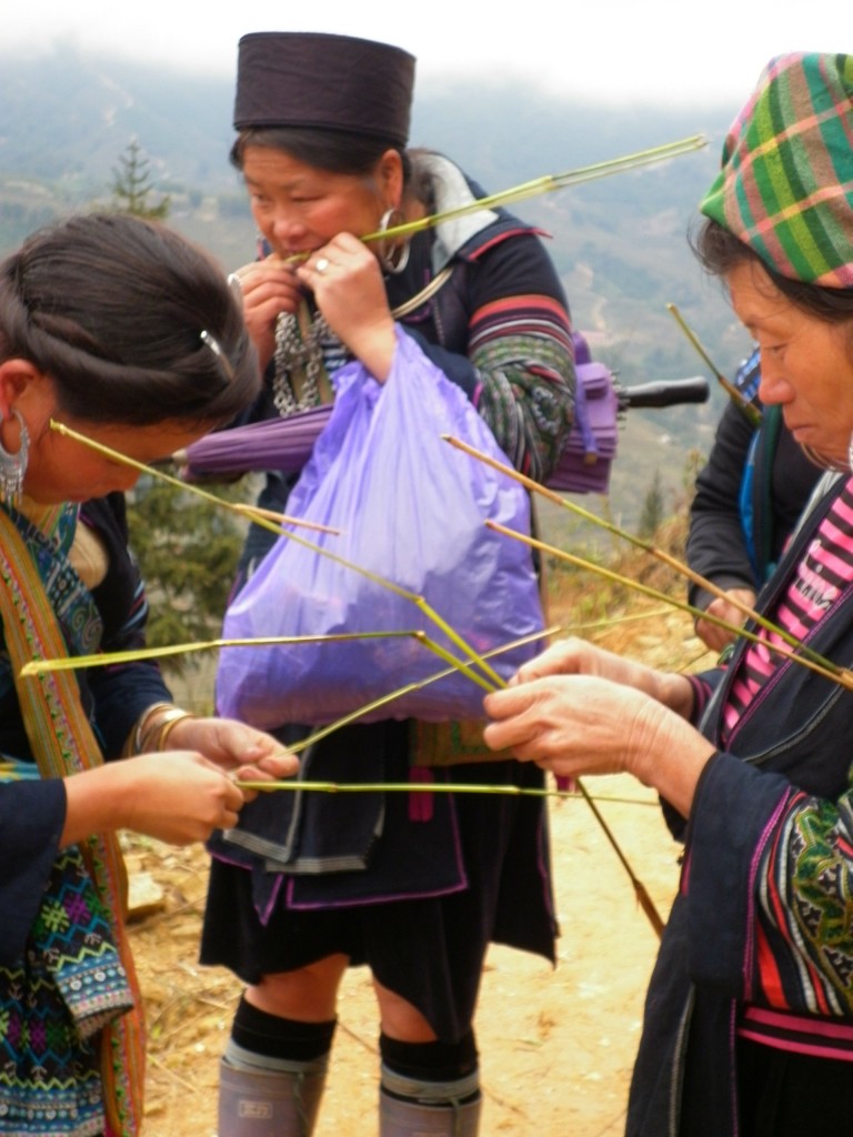 Ethnic H'mong women in Sapa, in the far north of Vietnam, follow tourists persuading them to buy small handmade items.  These women are making small bamboo grass animals.