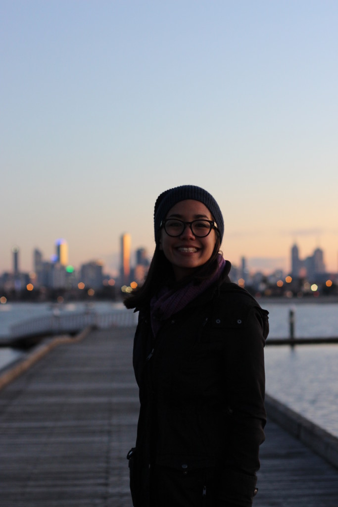 Sunrise at St Kilda pier and the city skyline behind. Photo by Catriona Morven Babbs.